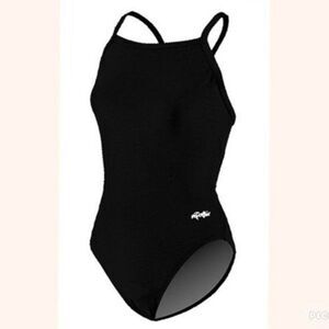 Dolfin Girl's Racing Swimsuit Solid V-2 Back- Black- Size 24 (Kids 6-8) NWT!
